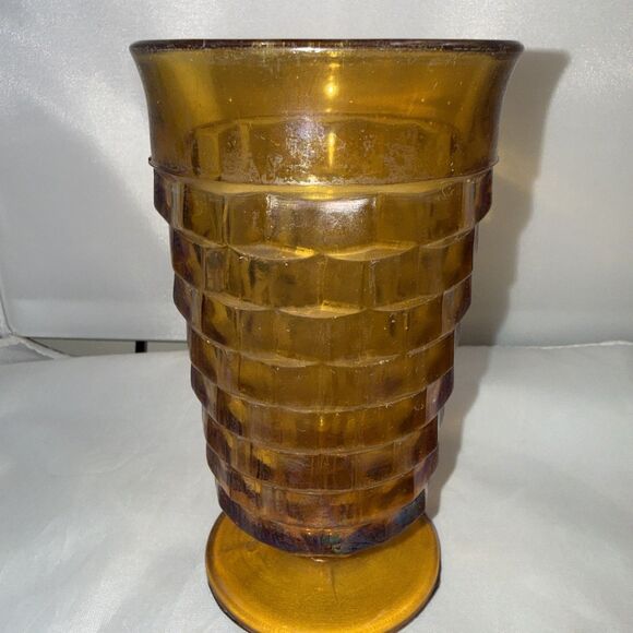 Vintage Indiana Glass Whitehall Cubist Amber Iced Tea Footed Glass Tumbler 3 - Picture 4 of 8